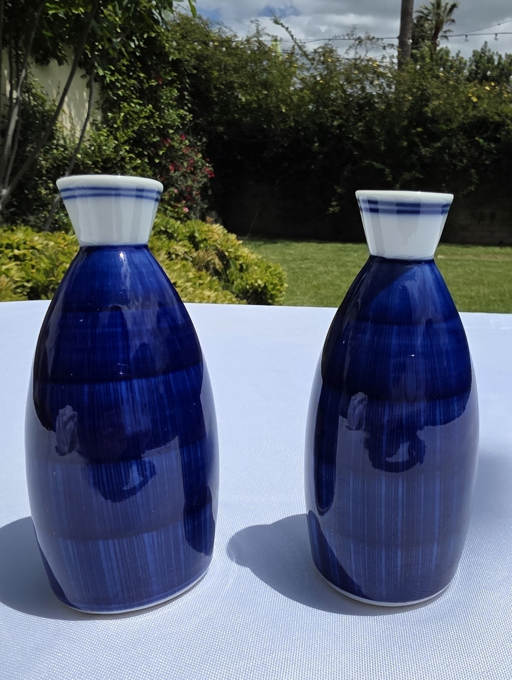 Title:Set of 2 Blue & White Ceramic Bud Vases or Sake Bottles | Versatile Decor